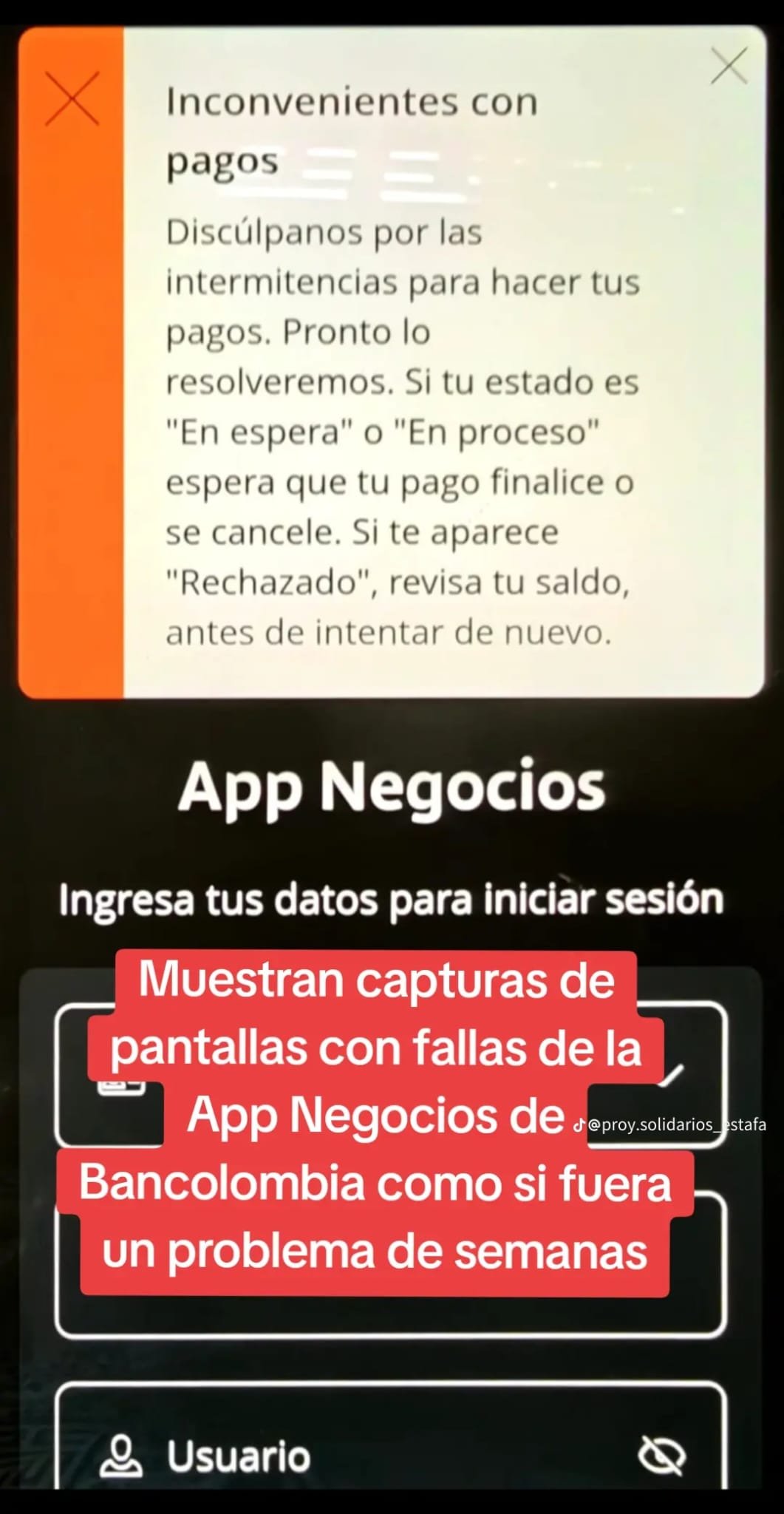 Captura de un aviso de inconvenientes con pagos y comentarios superpuestos de la publicación.