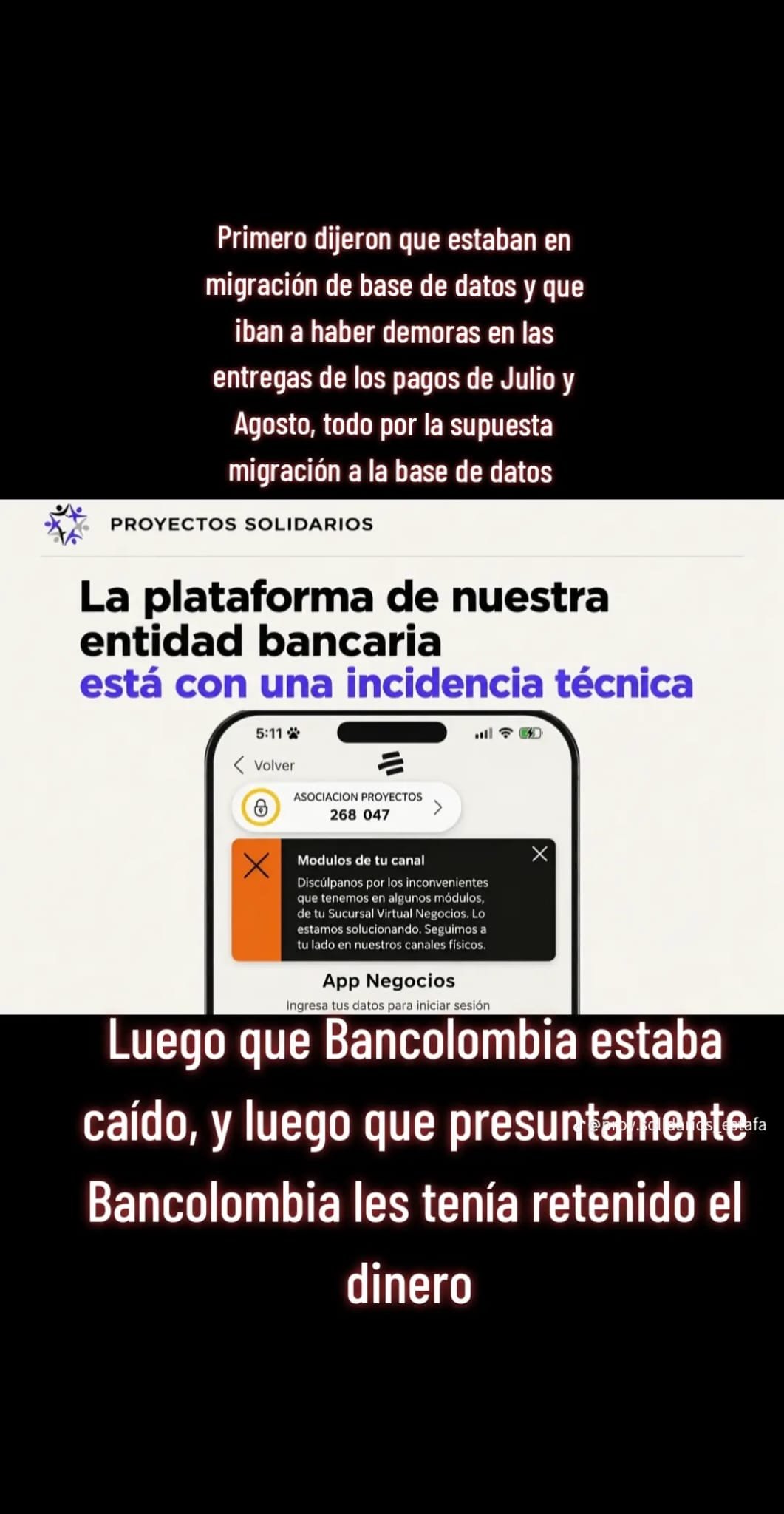 Publicación con comentarios sobre migración de base de datos y una supuesta incidencia de la plataforma bancaria.