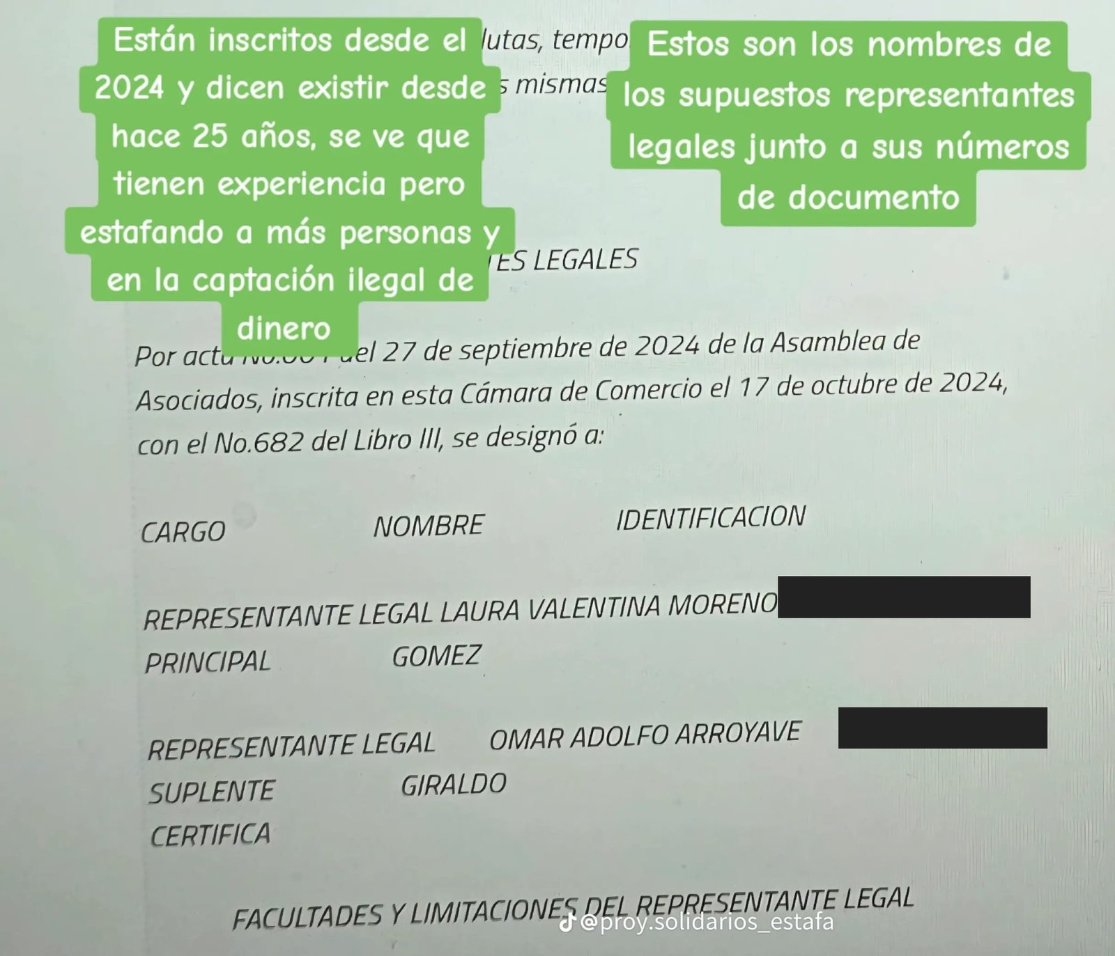 Imagen compartida de un documento de representación legal con comentarios de terceros y números de identificación ocultos.